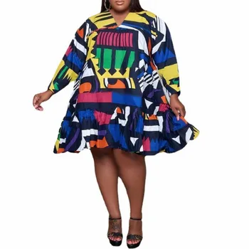 Afriške Obleko Za Ženske Afriki Dashiki Svoboden Haljo Femme Africaine Oblačila Street Fashion Design Natisnjena Proti-Vrat Dolg Rokav Obleka