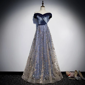 Bling Elegantno Modro Čoln Vratu Dolgo Večerno Obleko s Svetlečim Bleščica Kroglice Tla-Dolžina Formalno Halje Nove Stranke Obleke