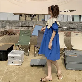 Ženske Modre Obleke Poletje 2022 Svoboden Priložnostne Plaža Obleko Ruffle Kratek Rokav Črto Kratko Obleko Harajuku Kawaii Lolita Oblačila