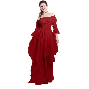 Srednjeveško Obleko za Ženske Renaissance Obreži Zgoraj Off Ramenski Obleke Plus Velikost Pirat Noša Smocked Pasu Maxi Dolgo Obleko Rdeča