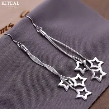 Kiteal Nove korejske Modne 925 nakit Silver plated Trojno Votlih Star tassel dolgi Uhani za ženske, Nakit