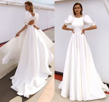 Preprost Saten Poročne Obleke Plaži Kratek Zabuhle Rokavi-Line Boho Poročne Halje Princesa 2021 Vestidos De Mariee