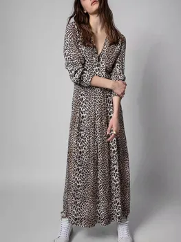 Leopard Natisnjeni Dolga Obleka Ženske Režejo Letnik Pomlad Poletje Dolg Rokav 2022 Novih Ženskih Oblačilih, z Gumbi