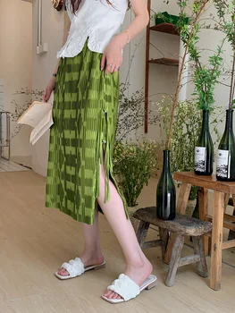 Zelene Strani Špranjske Nabrano Krilo Ženske Obleke Poletje Moda Priložnostne Novo Šahovnice Naravnost Midi Krilo Faldas Mujer Moda 2022