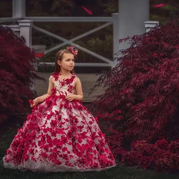 3D cvet Pincess Roža Punca Obleke Žogo Obleke Baby Dekleta Couture Rojstni dan Obleko Poročno zabavo, Obleke, Kostumi Prilagojene