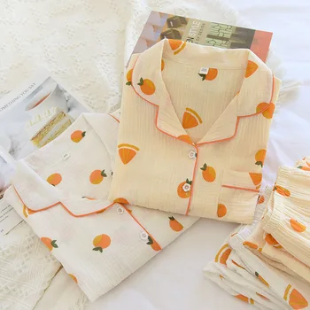 215 Jeseni, Pozimi 2021 Bombaž Doma Obleke korejski Sleepwear Oranžna Tiskanja Pižamo za Ženske Pižame Hlače, Dolgi Rokavi Dekliška Pijama