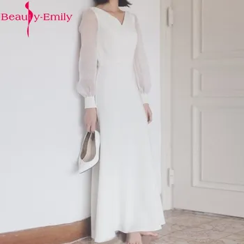 Romantično Preprosto Belo Večerne Obleke Gleženj Dolžina Seksi V Vratu Črto Obleko 2020 Dolg Rokav Saten Elegantno Formalno Stranko Obleke