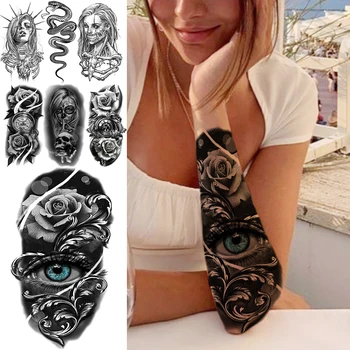 3D Rose Cvet Seksi Podlakti Oči Začasne Tetovaže Za Ženske Odraslih Okostje Okvir Kompas Ponaredek Tatoo Body Art Nepremočljiva Tatoo