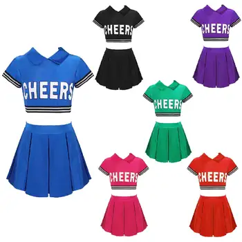 #4-16 Dekleta Cheerleading Ples Kostum Nastavite Kratek Rokav Turndown Ovratnikom, Zadrgo Obreži Zgoraj z Elastičnim Pasom Krilo Jazz Dancewear