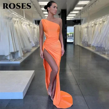 Oranžna Eno Ramo Formalno Večerne Obleke Strani Špranjske Gub Morska Deklica Ruched Prom Oblačenja Arabija Dubaj Slaven Stranka Oblek