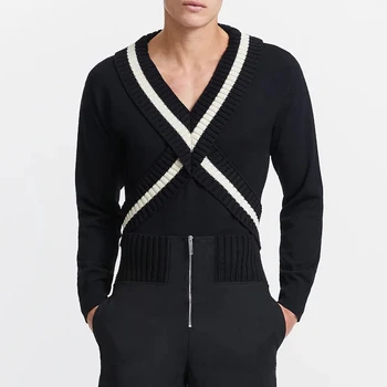 Vintage Mozaik Knitted Zgornji Deli Oblačil Za Moške Jeseni Mode Slim Fit V Vratu Dolgimi Rokavi, Puloverji Mens Priložnostne Šivanje Belušno Pulover
