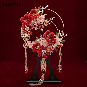 JaneVini Retro Rdeča Kitajski Poročne Šopke Fan Umetno Žamet 3D Cvetje Biseri Luksuzni Kovinski Votlih Fan Poročni Dodatki