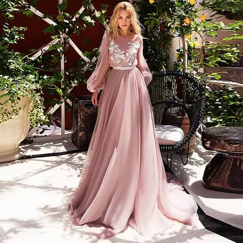 Pink Poroka Obleke Čipke Appliques Puff Dolge Rokave Nevesta Obleko A-Line Boho Poročni Obleki 2020 vestido de noiva